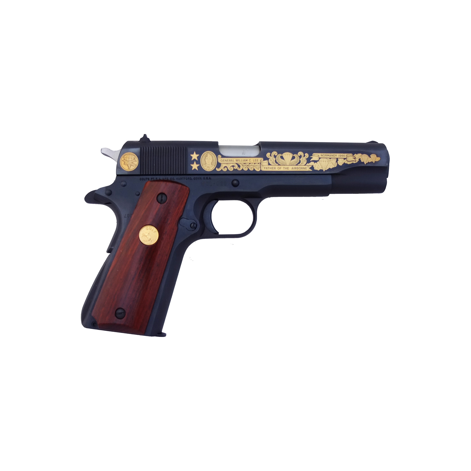 La Colt 1911A1 General William C. Lee in calibro .45 ACP è una pistola commemorativa di altissimo valore storico e collezionistico, dedicata al Generale William C. Lee, padre delle truppe aviotrasportate (Airborne). Questa Colt 1911A1 General William C. Lee fa parte di una tiratura estremamente limitata di soli 300 esemplari, e l’arma proposta è la numero 22/300, dettaglio che ne accresce ulteriormente la rarità.